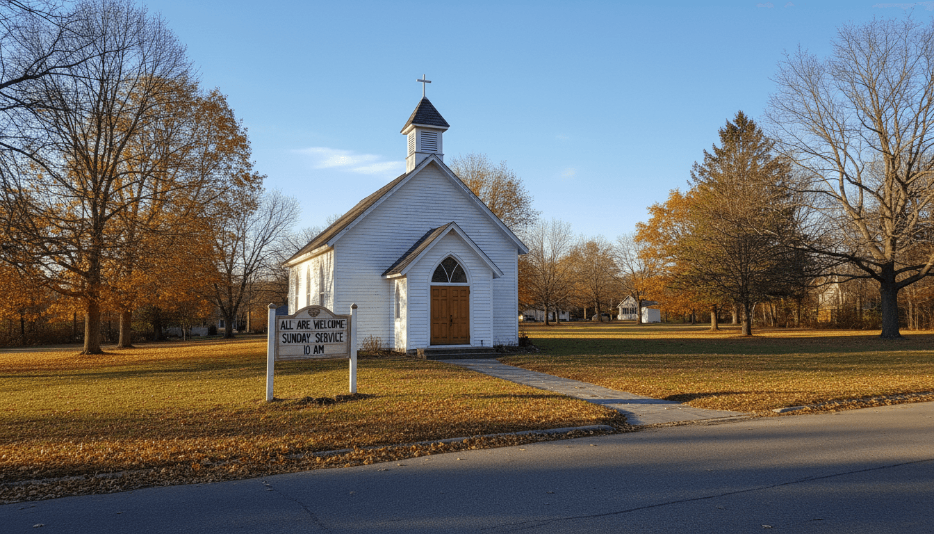Warm, natural-light photography of a small country church building with a simple steeple against a clear blue sky