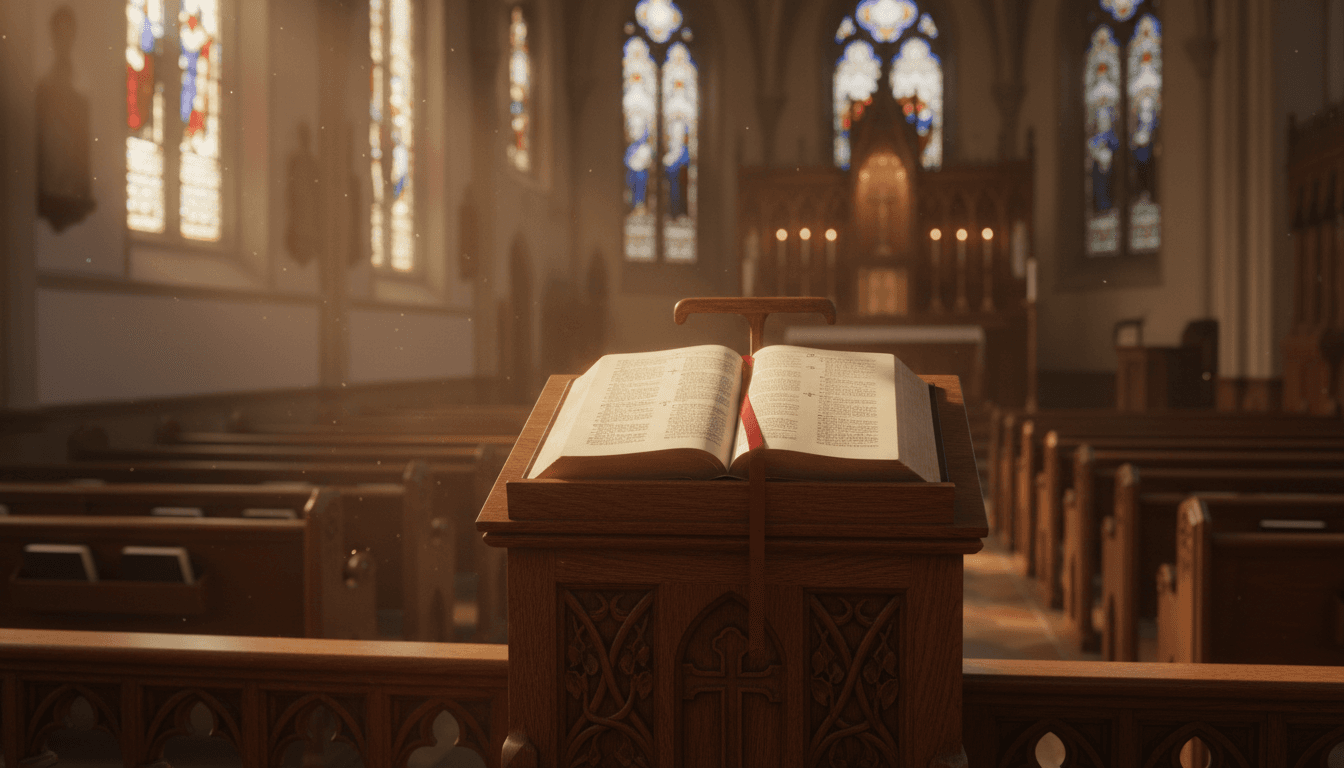 Open Bible on a wooden pulpit in a church with warm lighting
