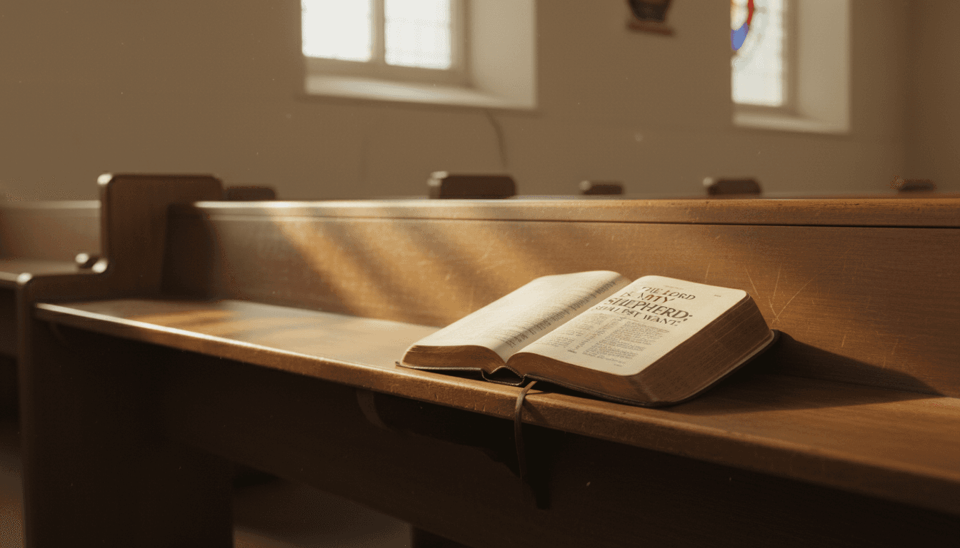 Open Bible on a wooden church pew with soft light from a window