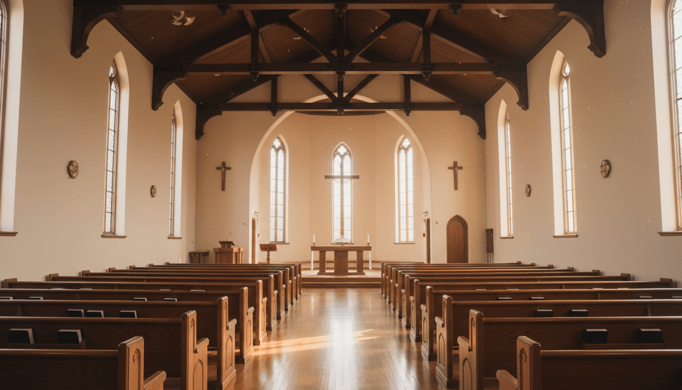 Small church building with warm light coming from an open doorway on a sunny morning in rural New Mexico