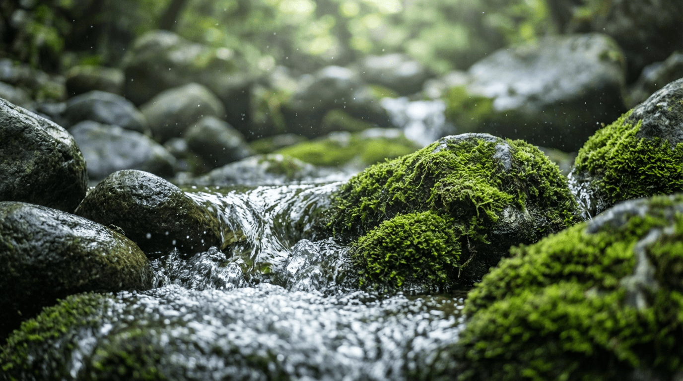 Flowing water over moss-covered stones with soft natural light and atmospheric depth.