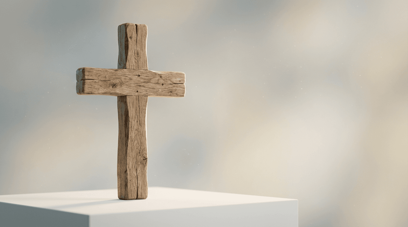 Simple wooden cross at the front of the sanctuary at Valley Bible Baptist Church