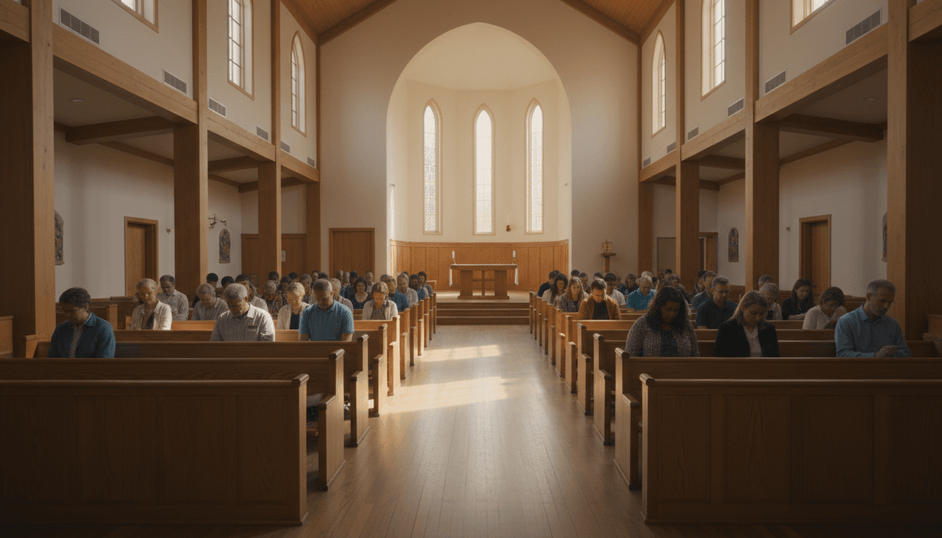 Warm, documentary-style wide shot of a small church sanctuary