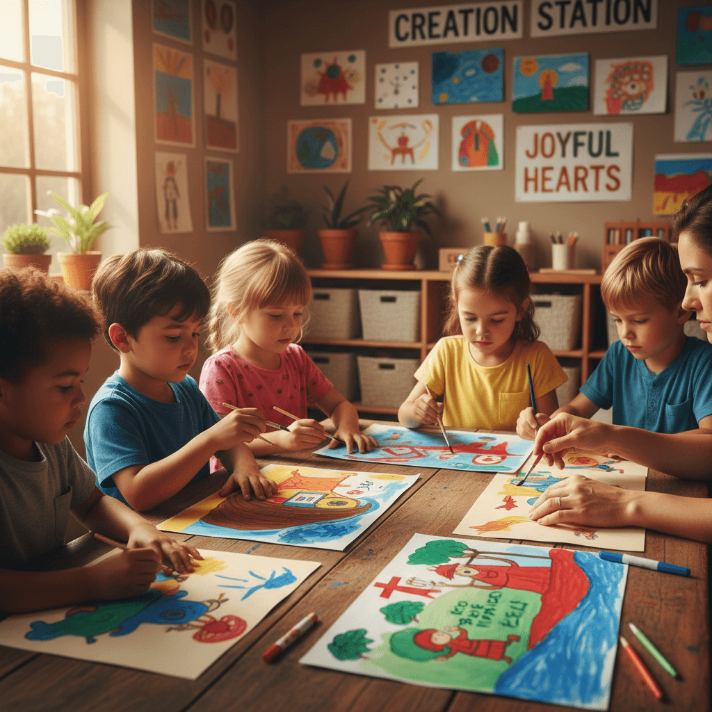 Children in Sunday school class doing a Bible craft activity
